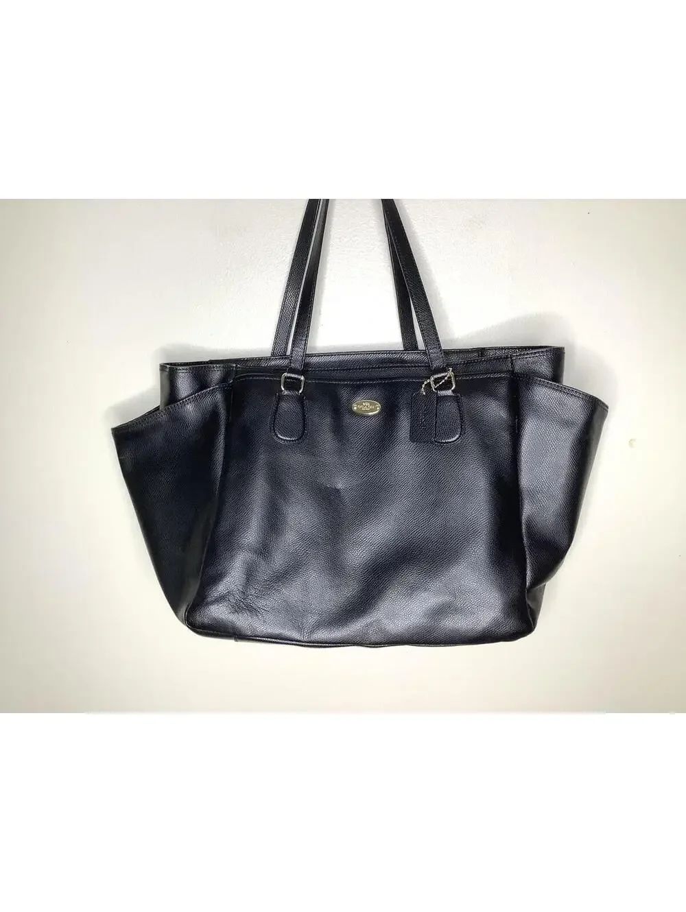 < Coach Black Leather Large Diaper Tote Bag > - Picture 4 of 13
